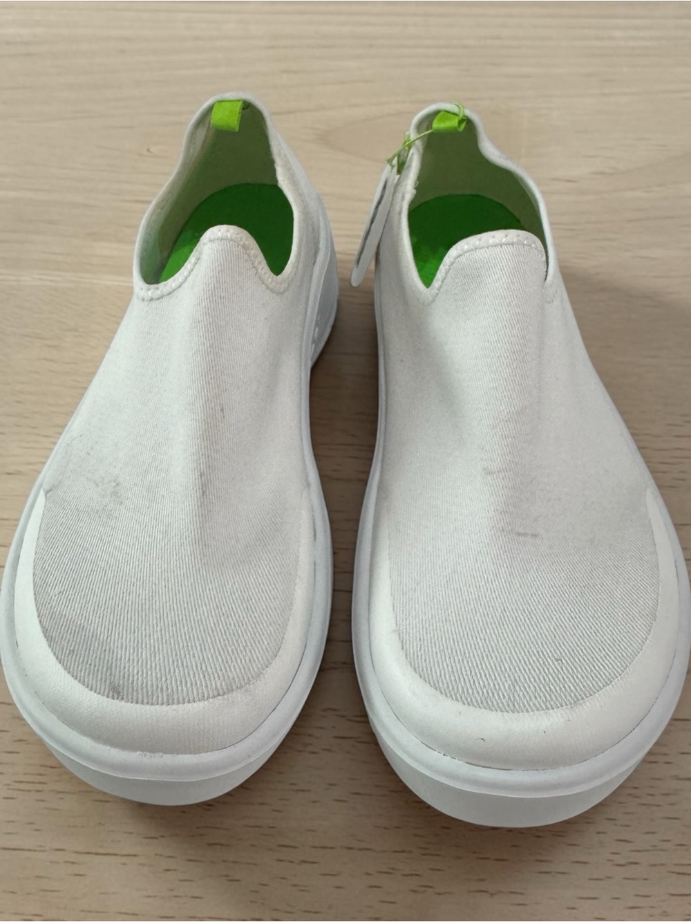 Oofos Women White Slip-On Canvas Shoes with Neon Green Lining